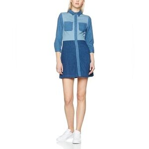 French Connection Edie Denim Shirt Dress 3/4 Sleeve Snap Front Color Block 2 New